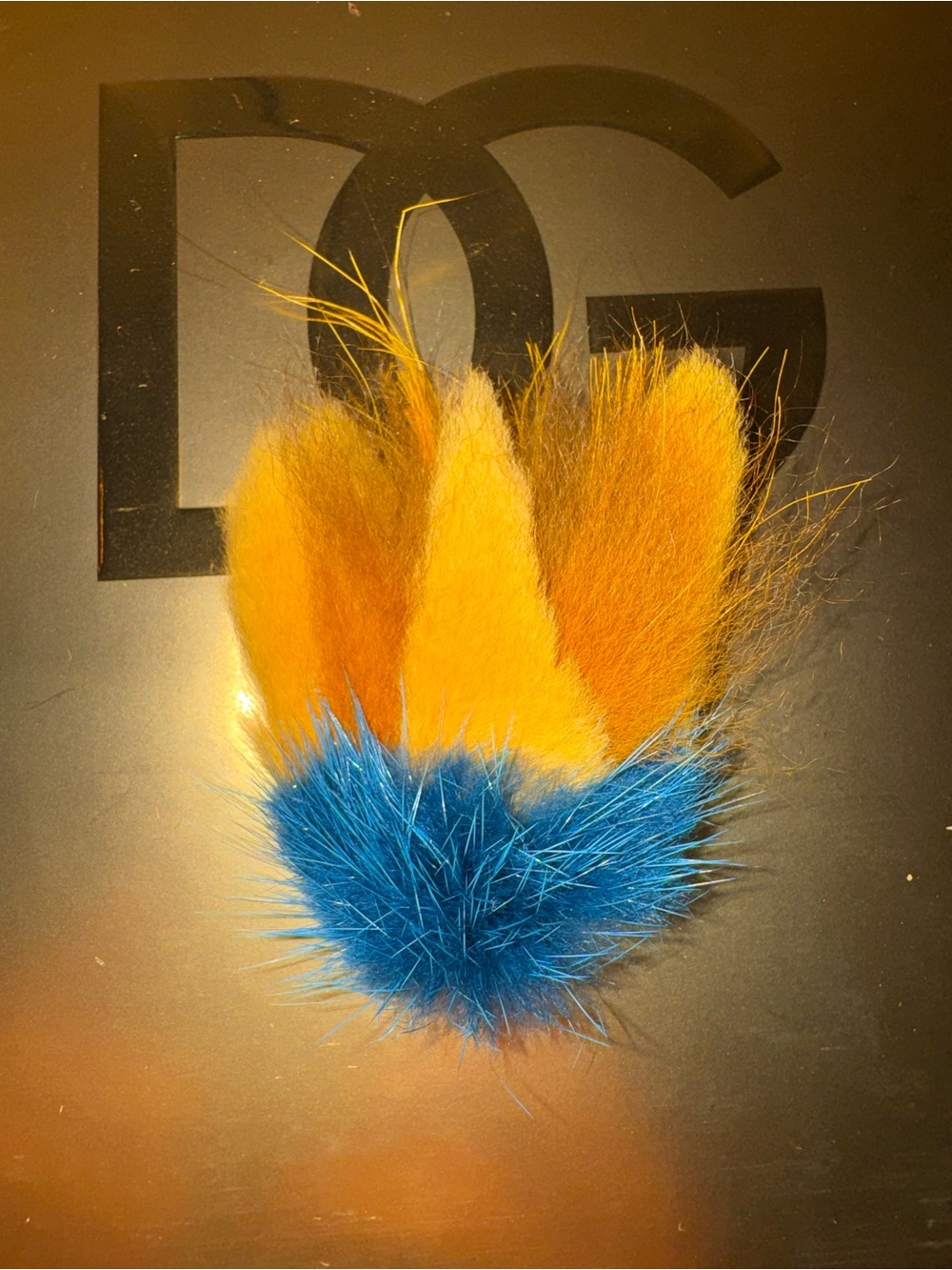 FENDI  Blue and Yellow Fur Pom Pom Pin.